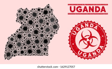 Coronavirus collage Uganda map and red grunge stamp watermarks with biohazard sign. Uganda map collage constructed with randomized bacteria symbols. Red round outbreak danger seal stamp,