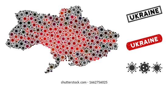 Coronavirus collage Ucrania mapa y marcas de agua corroídas. Collage de mapas ucranianos diseñado con íconos contagiosos rojos y negros dispersos. Marcas de agua rectangulares, con textura sucia.