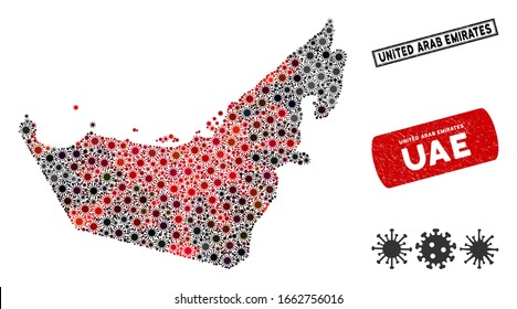 Coronavirus collage United Arab Emirates map and distressed stamp watermarks. United Arab Emirates map collage composed with scattered red and black infectious symbols. Rectangle seal stamps,