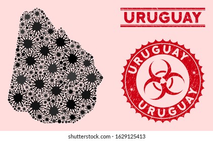 Coronavirus collage Uruguay map and red grunge stamp watermarks with biohazard symbol. Uruguay map collage formed with random mers-cov symbols. Red round outbreak danger watermark,