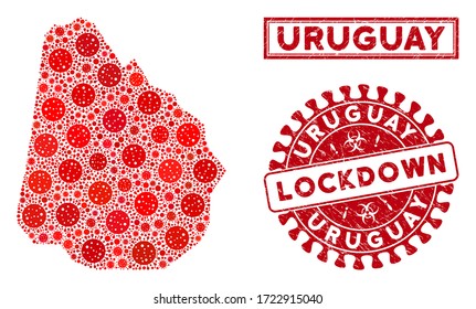 Coronavirus collage Uruguay map and seal stamps. Red round lockdown scratched seal. Vector coronavirus viral icons are grouped into composition Uruguay map. Vector collage for lockdown,