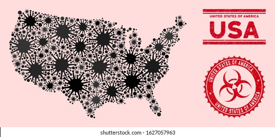 Coronavirus collage USA map and red grunge stamp seals with biohazard symbol. USA map collage formed with randomized flu items. Red round outbreak danger watermark, with grunge texture.