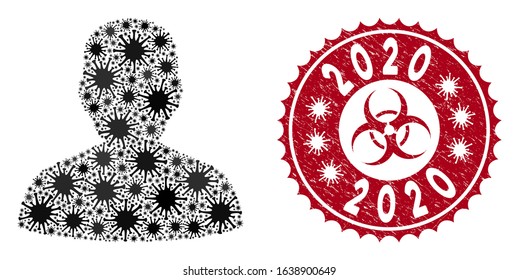 Coronavirus collage user icon and round rubber stamp seal with 2020 text. Mosaic vector is composed with user icon and with random microorganism symbols. 2020 stamp seal uses biohazard style,