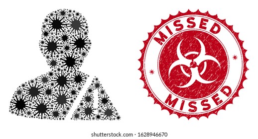 Coronavirus collage user warning icon and round grunge stamp watermark with Missed caption. Mosaic vector is designed with user warning icon and with random microbe cell items.