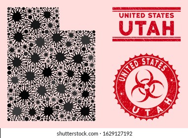 Coronavirus collage Utah State map and red grunge stamp watermarks with biohazard sign. Utah State map collage created with randomized contagion elements. Red round outbreak danger seal stamp,