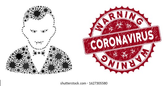 Coronavirus collage vampire icon and rounded grunge stamp watermark with Warning Coronavirus phrase. Mosaic vector is formed with vampire icon and with scattered bacteria symbols.