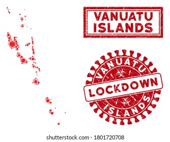 Coronavirus collage Vanuatu Islands map and seal stamps. Red round lockdown textured seal. Vector coronavirus viral icons are arranged into mosaic Vanuatu Islands map. Vector composition for lockdown,