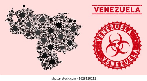 Coronavirus collage Venezuela map and red rubber stamp seals with biohazard sign. Venezuela map collage created with scattered mers-cov symbols. Red rounded outbreak danger seal stamp,