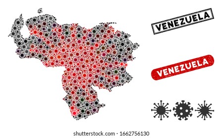 Coronavirus collage Venezuela map and rubber stamp watermarks. Venezuela map collage designed with randomized red and black viral elements. Rectangle seal stamps, with scratched texture.
