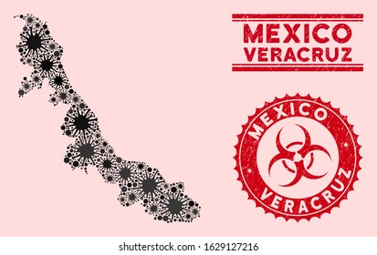 Coronavirus collage Veracruz State map and red corroded stamp seals with biohazard symbol. Veracruz State map collage composed with randomized microorganism elements.