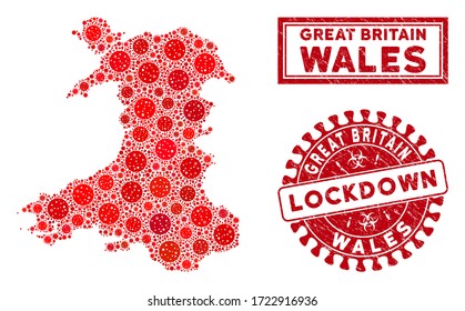 Coronavirus collage Gales mapa y sellos. Sello texturizado con cierre redondo rojo. Los elementos virales del coronavirus vectorial están dispuestos en la ilustración de Wales map. Composición de vectores para el bloqueo,