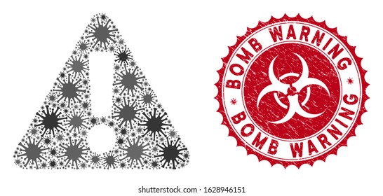 Coronavirus collage warning icon and rounded distressed stamp seal with Bomb Warning caption. Mosaic vector is composed with warning icon and with random infectious items.