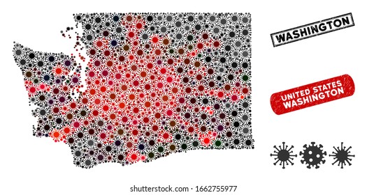 Coronavirus collage de mapas del estado de Washington y marcas de agua grunge. Collage de mapas del estado de Washington diseñado con símbolos marrones rojos y negros. Sellos rectangulares, con textura impura.