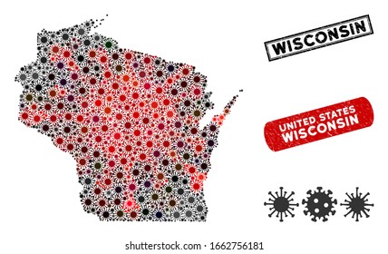 Coronavirus collage Wisconsin State map and grunge stamp watermarks. Wisconsin State map collage created with random red and black infection items. Rectangle watermarks, with distress texture.