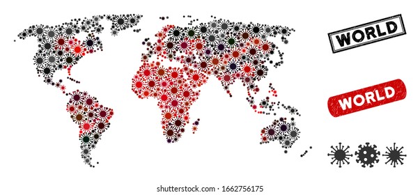 Coronavirus collage mundial de mapas y marcas de agua perturbadas. Collage de mapas mundiales compuesto por iconos aleatorios de contagio rojo y negro. Marcas de agua rectangulares, con textura impura.