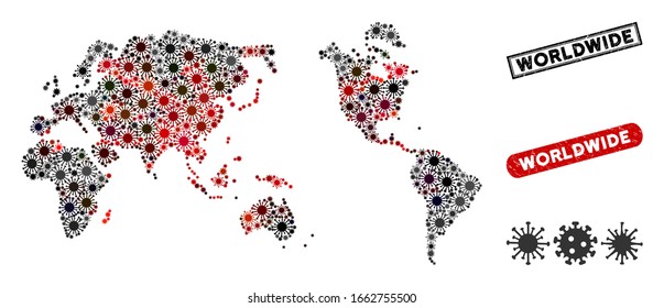 Coronavirus collage mundial mapa y marcas de agua de estampado grunge. Collage mundial de mapas compuesto por símbolos aleatorios de sars rojos y negros. Sellos de retén de rectángulo, con textura gruesa.