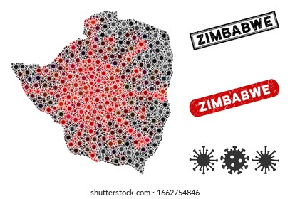 Coronavirus sammelt Simbabwische Karte und bedrückte Stempelrobben. Simbabwische Kartencollage mit verstreuten roten und schwarzen ansteckenden Elementen. Verdichtungen im Rückwinkel mit Notgefühl.