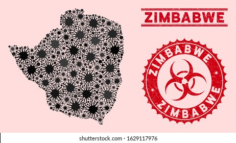 Coronavirus collage Zimbabwe map and red distressed stamp watermarks with biohazard sign. Zimbabwe map collage created with random contagion symbols. Red rounded outbreak danger seal stamp,