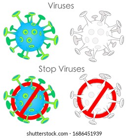Coronavirus collection.  Forbidden SOLID 19, stop corona, 2019 - nCoV, no SARS icon set. Green yellow black Corona virus.  Pandemic. Diseased, White background. Medical sticker illustration Vector