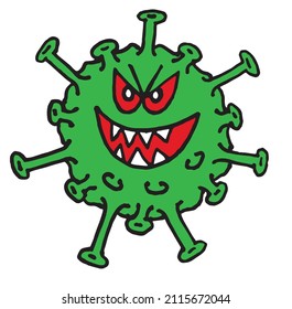 Coronavirus color hand drawing with face isolated in black and white. Vectorized child illustration. Corona virus with laughing mouth and teeth. Covid 19 monster style.