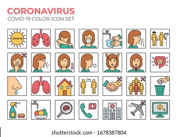 Coronavirus Color Icon Set For Infographics Or Website. Covid-19 Symptoms, Precaution And Health Icons. Virus Pandemic Vector Illustrations. 2019-nCoV Prevention Tips (mask, Wash Hands, Cough Elbow..)