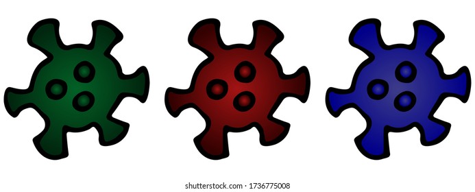 Coronavirus. Color vector set of illustrations on an isolated white background. Medical topics. Virus collection. Spread of dangerous Covid-19 infection. The causative agent of bilateral pneumonia. 