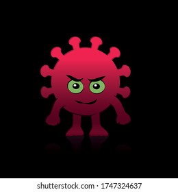 Coronavirus comic figure. Evil, bad covid villain character with eyes, mouth, hands and feet. Isolated vector illustration on black background.
