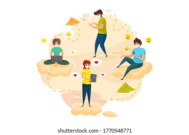 Coronavirus, communication, quarantine media concept. Young people men women in medical face mask communicate through social networks online. Remote conversation and social distancing on lockdown.