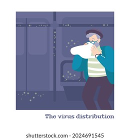 Coronavirus composition with human character sneezing in public transport vector illustration