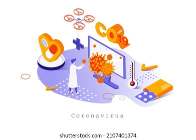 Coronavirus concept in 3d isometric design. Scientist researches virus and develops vaccines and medicines for disease, stop covid-19, web template with people scene. Vector illustration for webpage