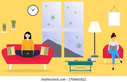 Coronavirus concept. Be at home during a coronavirus epidemic. Work at home during isolation. Worker woman working at home, another woman reading a book. Vector illustration