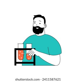 Coronavirus concept with cartoon people in flat design for web. Man reaching virus in test tubes and making vaccine development. Vector illustration for social media banner, marketing material.