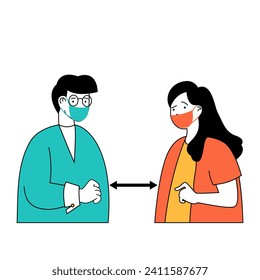 Coronavirus concept with cartoon people in flat design for web. Woman and man wearing medical masks and keeping safety distance. Vector illustration for social media banner, marketing material.