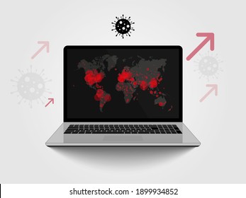 Coronavirus concept. Covid, pandemic or virus infection world map on Notebook Screen. Vector attention and alert illustration