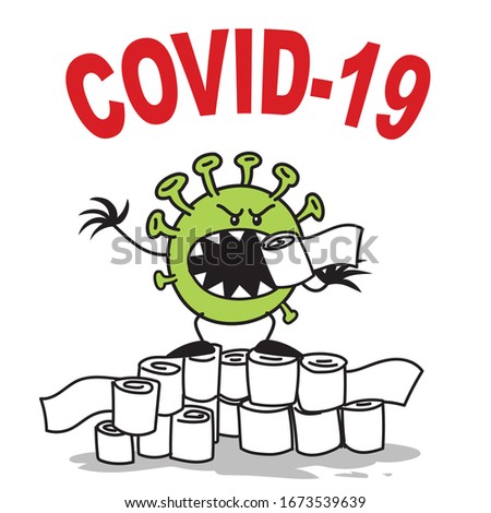 Coronavirus concept.  Covid-19 cartoon character with toilet paper rolls