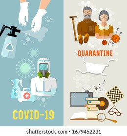 Coronavirus concept. COVID-19 (SARS-CoV-2). Elderly people, pensioners. Stay home. Self-isolation. Hygiene, virus control, precautions. Vector illustration. Doctors and patients