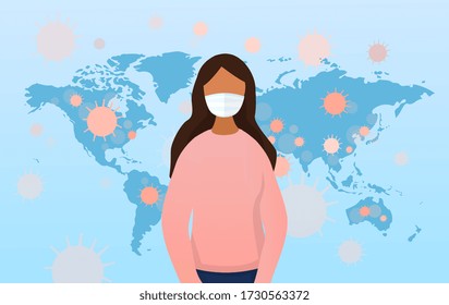 Coronavirus concept with girl wearing a protective face mask standing in front of a world map showing virus hotspots, colored vector illustration