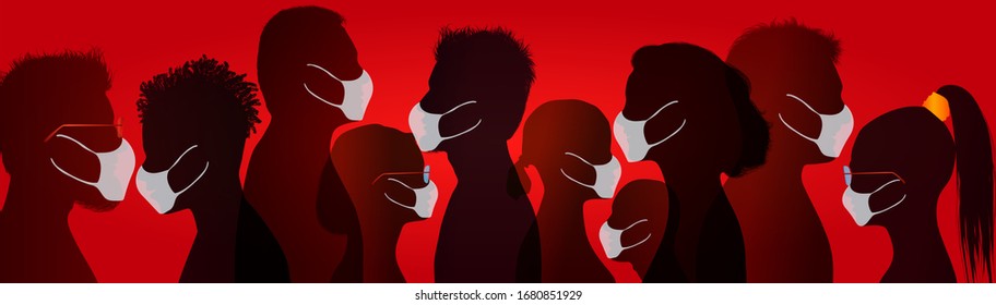 Coronavirus concept. Group of people wearing medical masks. Crowd of people protecting themselves against pandemic epidemic infection. Virus. Antivirus. Contamination. Red background