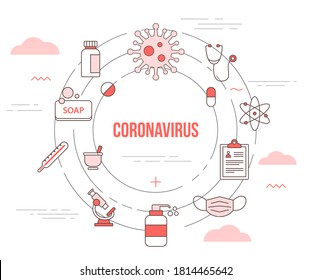 Coronavirus-Konzept mit Symbolset-Template-Banner mit modernem orangefarbenem Stil