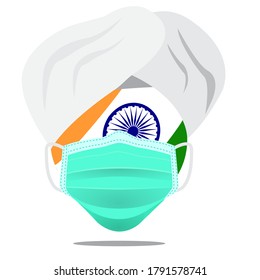 Concepto de coronavirus. La forma del círculo de la bandera de la India usa un sombrero blanco de la india y pone la máscara protectora. Proteja el país de la India con máscara. EPS.file.