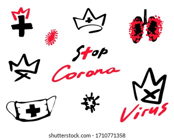 Logo del concepto Coronavirus e ilustraciones. Pulmones, cruz, máscara, parada, corona, logo médico. Símbolos de cuarentena en fondo blanco. Gráfico vectorial.