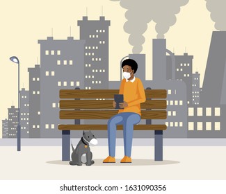 Coronavirus concept. Man and dog in respirators illustration. African american guy sitting on bench in polluted industrial city cartoon character with factory on background