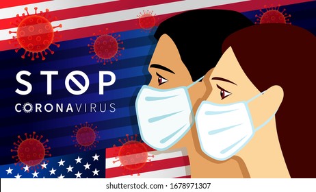 Coronavirus concept with men and women in medical mask on flag USA. SARS pandemic outbreak COVID-19 nCOV background in America, graphic creative with typography Stop Coronavirus