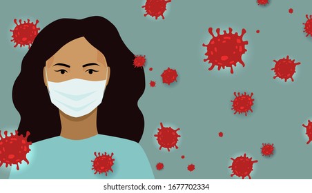 Coronavirus concept. Novel covid-19, woman in white medical face mask. Coronavirus quarantine.