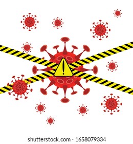 Coronavirus concept on white background. 2019-nCoV Flu spreading with cross warning strip, floating virus cells, warning sign. Dangerous chinese corona virus, pandemic risk alert