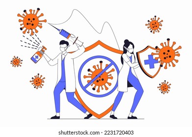 Coronavirus concept with people scene in flat outline design. Doctor with syringe and antiseptic and nurse with shield fight against viruses. Vector illustration with line character situation for web