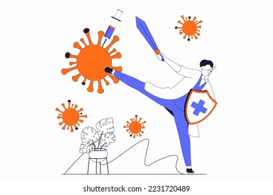 Coronavirus Konzept mit Menschen-Szene in flachen Umriss-Design. Arzt mit Schwert und Schild bekämpft Virus und schützt Gesundheit und Immunität. Vektorgrafik mit Zeilensituation für Web