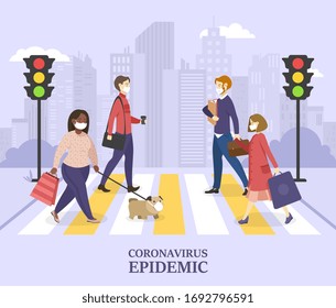 Concepto de coronavirus con gente usando máscaras cruzando en un paso peatonal en un robot con gente de negocios y una dama caminando un perro, ilustración vectorial