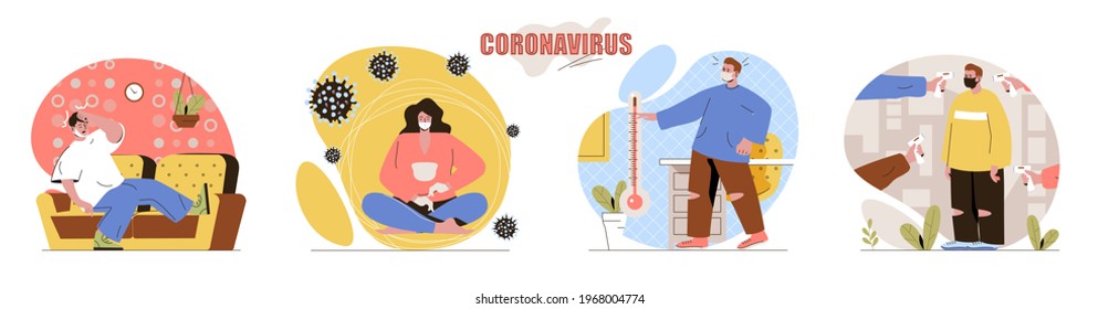 Coronavirus concept scenes set. People wearing protective masks, fever is symptom of disease, pandemic covid-19. Collection of human activities. Vector illustration of characters in flat design