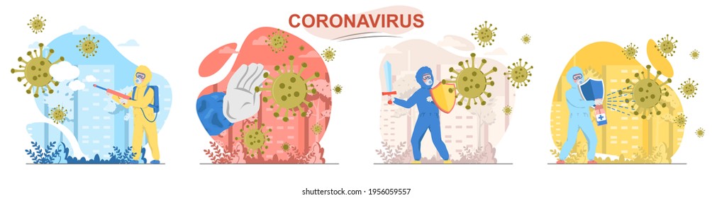 Coronavirus concept scenes set. Stop covid-19. Doctors and medical workers fight virus disease, protecting health. Collection of people activities. Vector illustration of characters in flat design